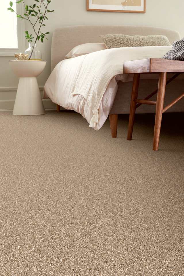 cozy plush beige carpet in all natural bedroom with wood accents and greenery